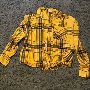Yellow plaid button up with collar and with at the bottom strings